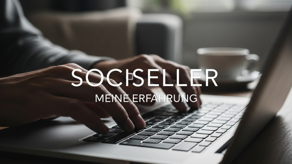 Stellen Sie sich eine Nahaufnahme im Stil eines hochwertigen Kinofilms vor. Der Fokus liegt auf den Händen einer Person, die gerade auf der Tastatur eines modernen, eleganten Laptops tippen. Das Licht kommt hauptsächlich vom Bildschirm des Laptops und beleuchtet die Hände und die Tasten auf eine dramatische Weise, was ein Gefühl von Konzentration und Wichtigkeit erzeugt. Der Hintergrund ist bewusst unscharf gehalten, man erkennt aber die gemütliche und stilvolle Atmosphäre eines modernen Home-Office oder eines schicken Cafés. Man kann schemenhaft eine Kaffeetasse oder eine Pflanze erahnen, was dem Bild eine professionelle und zugleich angenehme Stimmung verleiht. Genau in der Mitte des Bildes sind die Worte "SOCISELLER" in einer klaren, eleganten Schriftart platziert, wie man sie aus einem Filmtitel kennt. Direkt darunter, etwas kleiner, steht "MEINE ERFAHRUNG". Der Gesamteindruck ist sehr professionell, motivierend und fängt das Gefühl von Produktivität und Erfolg im digitalen Zeitalter ein.