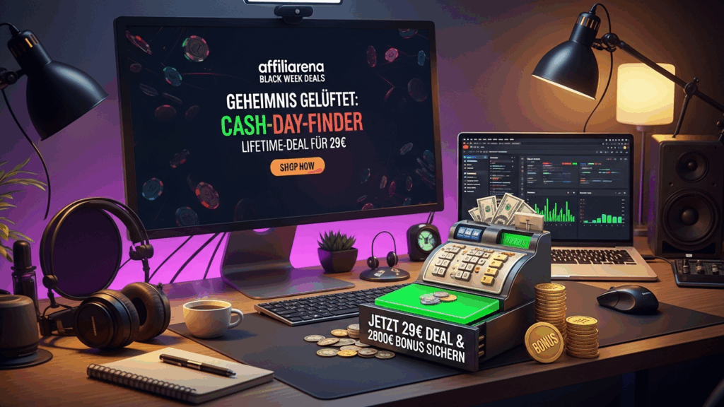 Das Geheimnis ist gelüftet: Ihr Umsatz-Radar für unfassbare 29€! Affiliarena Black Week Deals enthüllen den CASH-DAY-FINDER