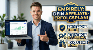 Ein freundlicher Experte im Anzug zeigt ein Laptop-Dashboard mit steigenden Graphen. Daneben stehen der Titel "Empirely: Dein Affiliate-Erfolgsplan!" sowie plakative Symbole für ehrliche Tests, Strategie & Aufbau und exklusive Boni.