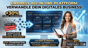 Erfolgreiche Unternehmerin präsentiert das Dashboard der Empirely All-in-one-Plattform auf einem großen Bildschirm. Steigende Umsatzkurven und visuelle Effekte zeigen, wie teure, veraltete Einzel-Tools in ein effizientes System verwandelt werden. Prominente Schlagzeilen bewerben 30 % mehr Funnel-Conversion, massiv reduzierte monatliche Tool-Kosten, über 20 KI-gestützte Werkzeuge unter einem Login und das endgültige Ende des "Frankenstein-Business".