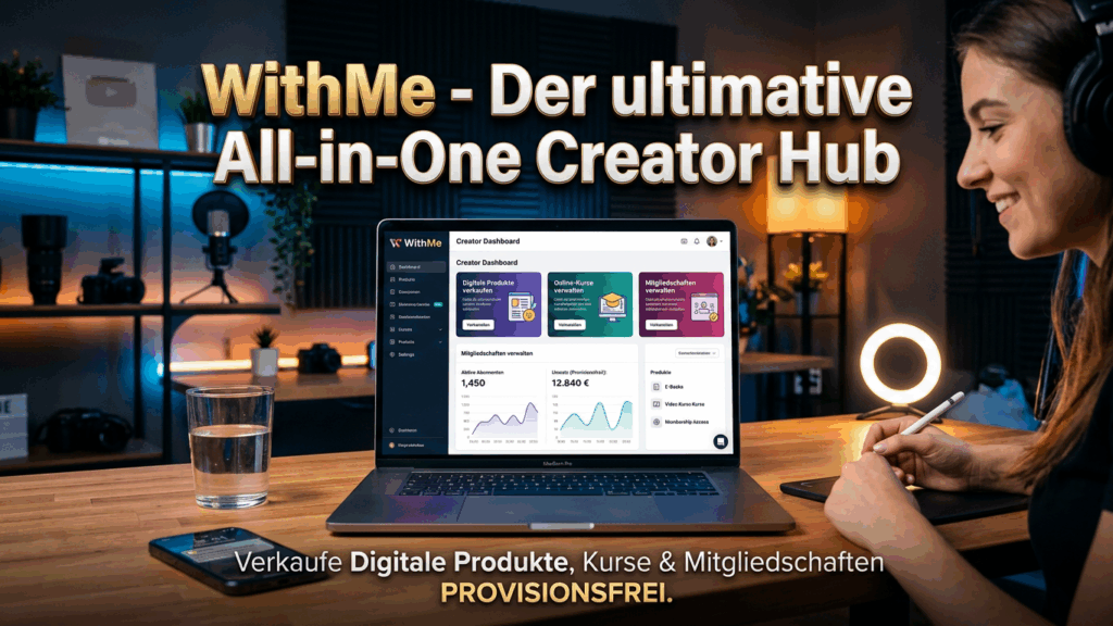 Eine lächelnde Content Creatorin sitzt an einem modernen Schreibtisch und schaut auf einen Laptop, der das WithMe Creator Dashboard zeigt. Auf dem Bildschirm sind übersichtliche Statistiken und Funktionen zum provisionsfreien Verkauf von Kursen, digitalen Produkten und Mitgliedschaften zu sehen. Im Bild steht groß: WithMe - Der ultimative All-in-One Creator Hub.